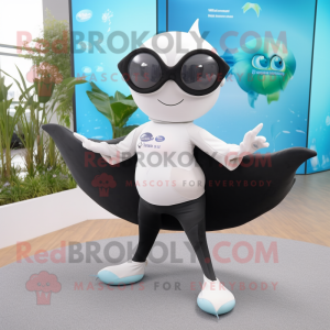 nan Manta Ray mascot costume character dressed with a Yoga Pants and Eyeglasses