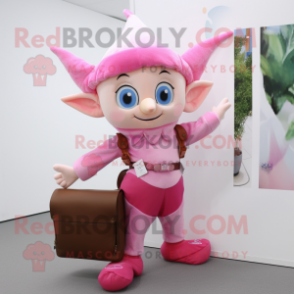 Pink Elf mascot costume character dressed with a Romper and Clutch bags