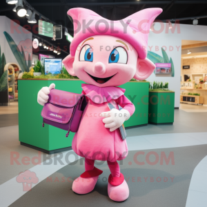 Pink Elf mascot costume character dressed with a Romper and Clutch bags