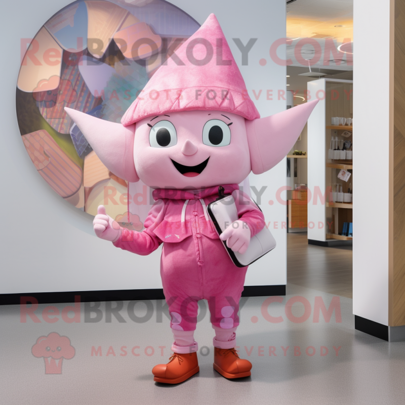 Pink Elf mascot costume character dressed with a Romper and Clutch bags