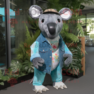 Teal Tapir mascot costume character dressed with a Chambray Shirt and Foot pads