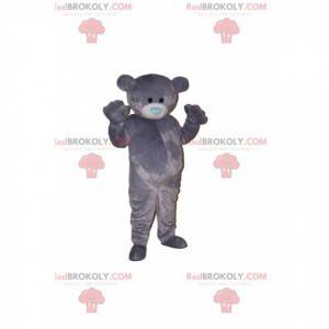 Grå bjørnemaskot med en blå hjerteformet snude - Redbrokoly.com