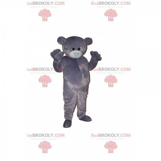 Mascotte orso grigio con muso blu a forma di cuore -