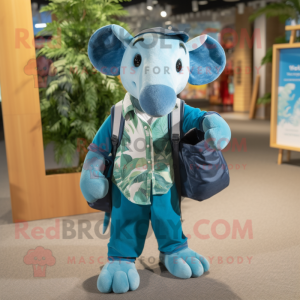 Teal Tapir mascot costume character dressed with a Chambray Shirt and Foot pads