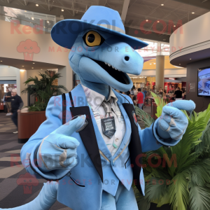 Sky Blue Utahraptor mascot costume character dressed with a Blazer and Hat pins