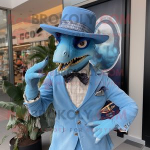 Sky Blue Utahraptor mascot costume character dressed with a Blazer and Hat pins