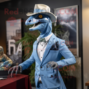 Sky Blue Utahraptor mascot costume character dressed with a Blazer and Hat pins