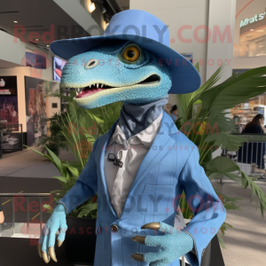 Sky Blue Utahraptor mascot costume character dressed with a Blazer and Hat pins