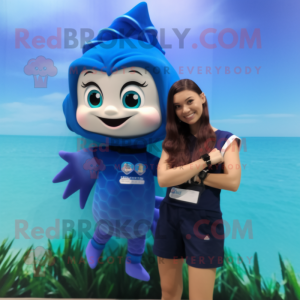 Navy Mermaid mascot costume character dressed with a Shorts and Digital watches