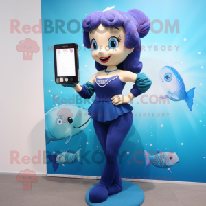 Navy Mermaid mascot costume character dressed with a Shorts and Digital watches