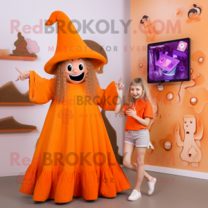 Orange Witch'S Hat mascot costume character dressed with a Midi Dress and Hair clips