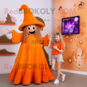 Orange Witch'S Hat mascot costume character dressed with a Midi Dress and Hair clips
