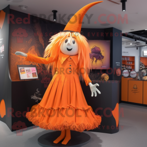 Orange Witch'S Hat mascot costume character dressed with a Midi Dress and Hair clips