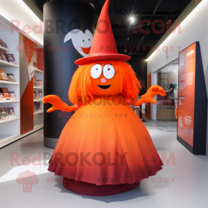Orange Witch'S Hat mascot costume character dressed with a Midi Dress and Hair clips