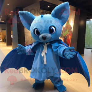 Blue Bat mascot costume character dressed with a Raincoat and Mittens