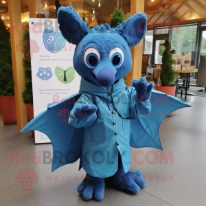 Blue Bat mascot costume character dressed with a Raincoat and Mittens