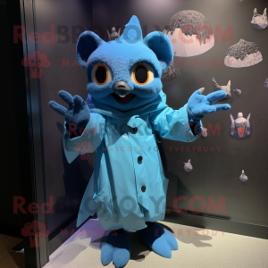 Blue Bat mascot costume character dressed with a Raincoat and Mittens