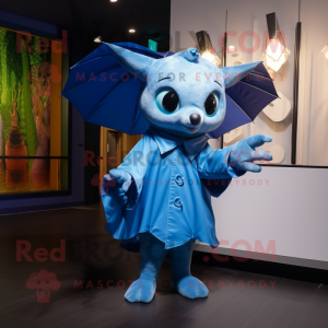 Blue Bat mascot costume character dressed with a Raincoat and Mittens