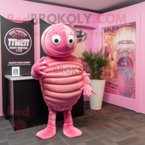 Pink Trilobite mascot costume character dressed with a T-Shirt and Keychains