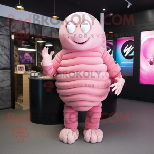 Pink Trilobite mascot costume character dressed with a T-Shirt and Keychains