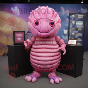 Pink Trilobite mascot costume character dressed with a T-Shirt and Keychains