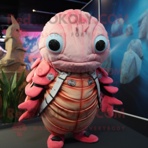 Pink Trilobite mascot costume character dressed with a T-Shirt and Keychains