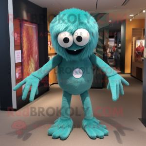 Teal Spider mascot costume character dressed with a Henley Tee and Foot pads