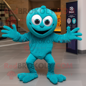 Teal Spider mascot costume character dressed with a Henley Tee and Foot pads