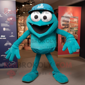 Teal Spider mascot costume character dressed with a Henley Tee and Foot pads