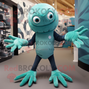 Teal Spider mascot costume character dressed with a Henley Tee and Foot pads