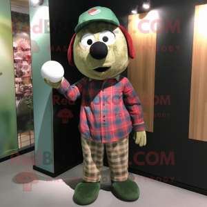 Olive Juggle mascot costume character dressed with a Flannel Shirt and Hats