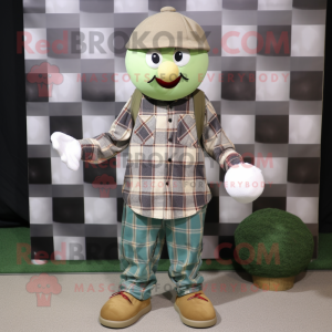 Olive Juggle mascot costume character dressed with a Flannel Shirt and Hats