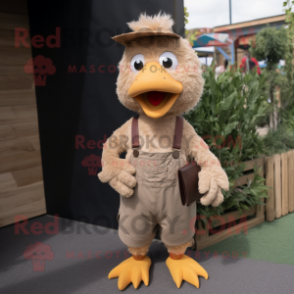 Tan Hens mascot costume character dressed with a Dungarees and Suspenders