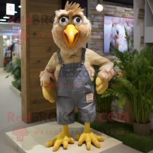 Tan Hens mascot costume character dressed with a Dungarees and Suspenders