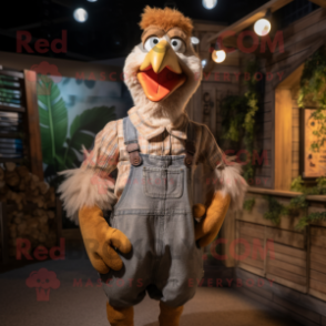 Tan Hens mascot costume character dressed with a Dungarees and Suspenders