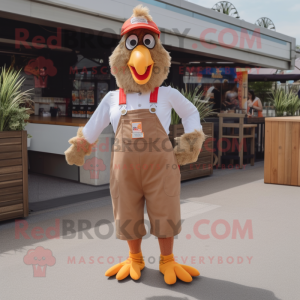 Tan Hens mascot costume character dressed with a Dungarees and Suspenders
