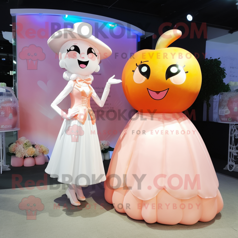 Peach Candy Box mascot costume character dressed with a Wedding Dress and Cufflinks Peach Candy Box mascot costume character dressed with a Wedding Dress and Cufflinks