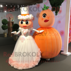Peach Candy Box mascot costume character dressed with a Wedding Dress and Cufflinks