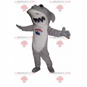 Mascot tiburón gris y blanco con una gran mandíbula -