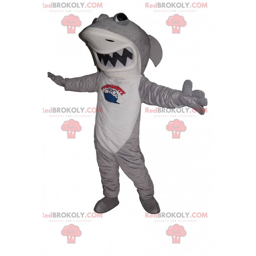 Mascot gray and white shark with a large jaw - Redbrokoly.com