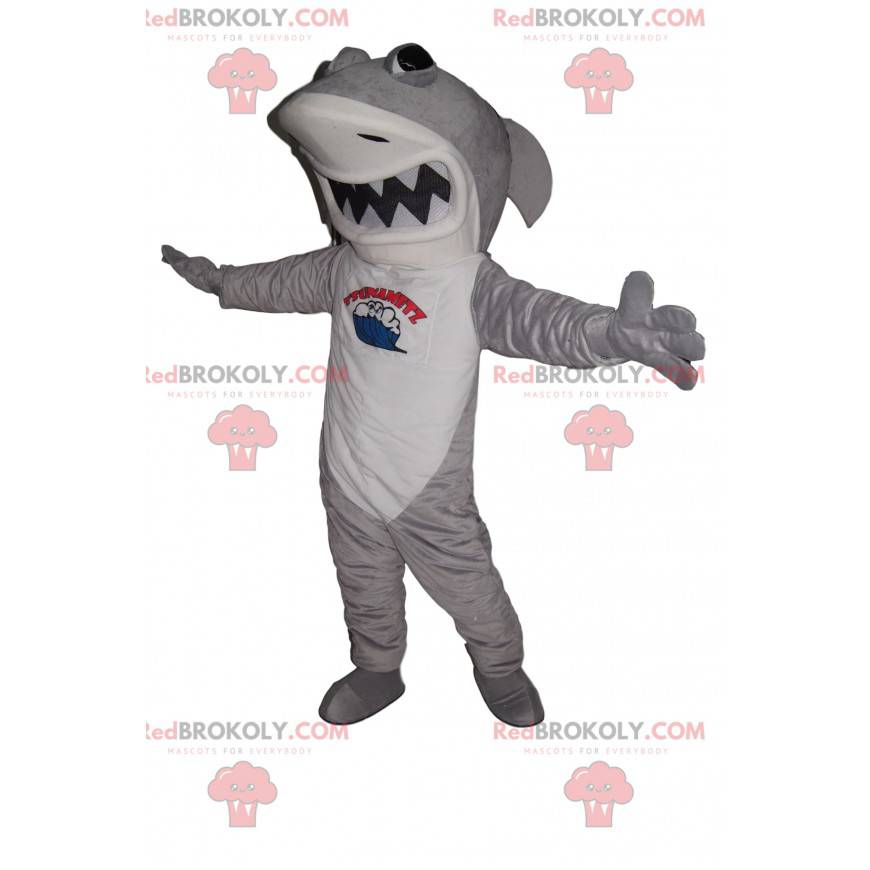 Mascotte squalo grigio e bianco con una grande mascella -
