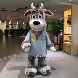 Gray Guernsey Cow mascot costume character dressed with a Playsuit and Headbands