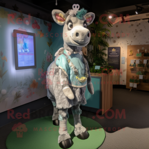Gray Guernsey Cow mascot costume character dressed with a Playsuit and Headbands