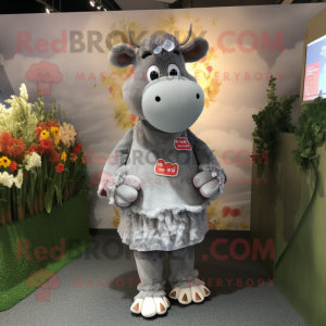 Gray Guernsey Cow mascot costume character dressed with a Playsuit and Headbands