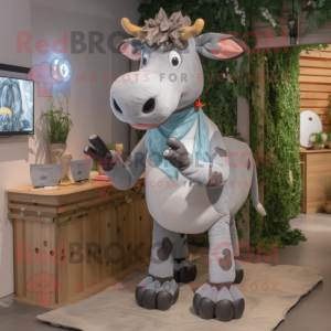 Gray Guernsey Cow mascot costume character dressed with a Playsuit and Headbands