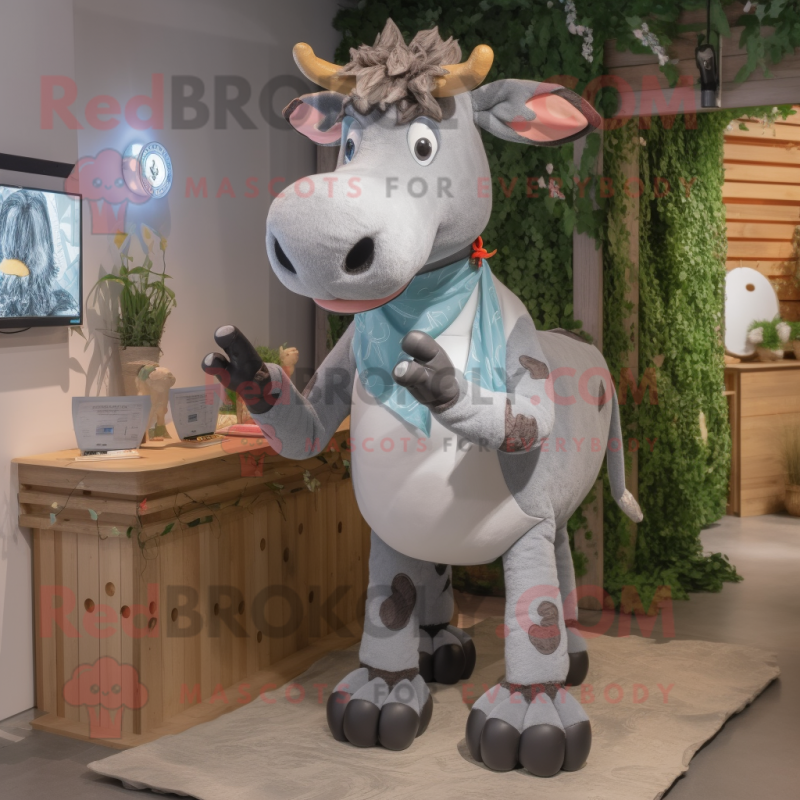 Gray Guernsey Cow mascot costume character dressed with a Playsuit and Headbands Gray Guernsey Cow mascot costume character dressed with a Playsuit and Headbands
