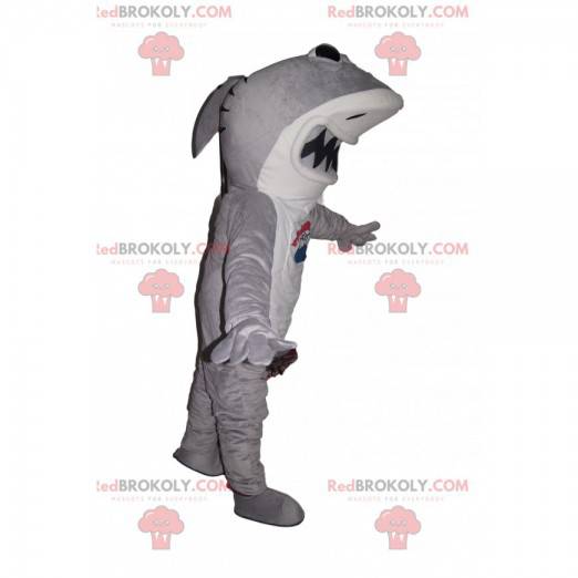 Maskot šedý a bílý žralok s velkou čelistí - Redbrokoly.com