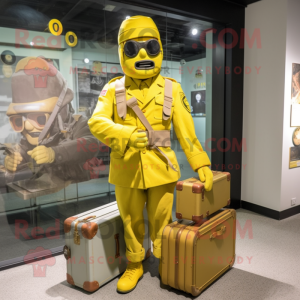 Lemon Yellow American Soldier mascot costume character dressed with a Coat and Briefcases