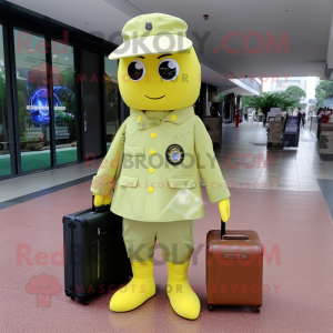 Lemon Yellow American Soldier mascot costume character dressed with a Coat and Briefcases