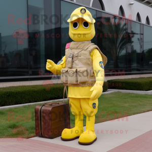 Lemon Yellow American Soldier mascot costume character dressed with a Coat and Briefcases